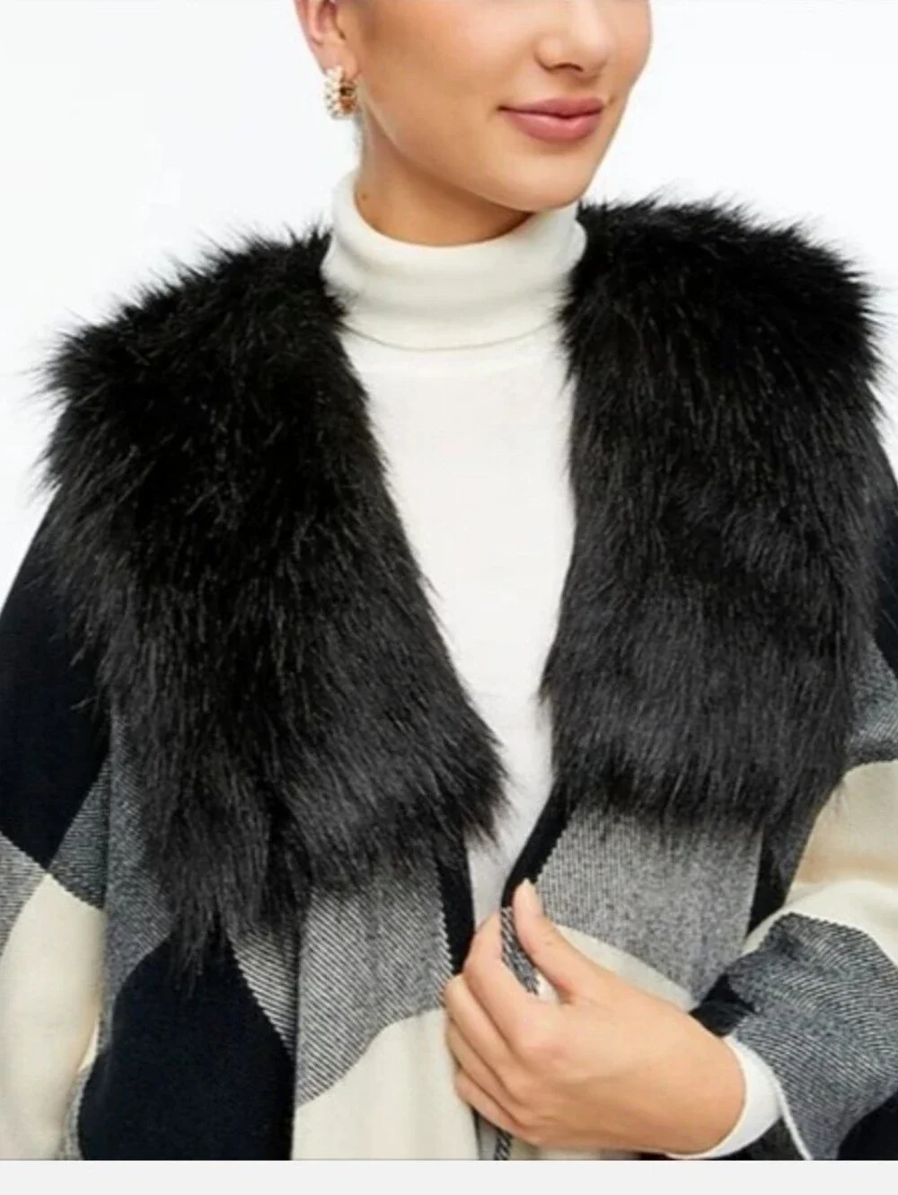 J.Crew One Size Faux Fur Collar Plaid Jacket Cape Shawl Poncho Black Fringe O/S